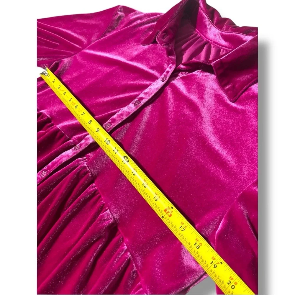 Chic Fuchsia Button-Front Velvet 3/4 Balloon Sleeves Tiered Collared Tunic Top
